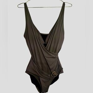 Michael Kors Olive One-Piece Swimsuit with Gold MK Buckle